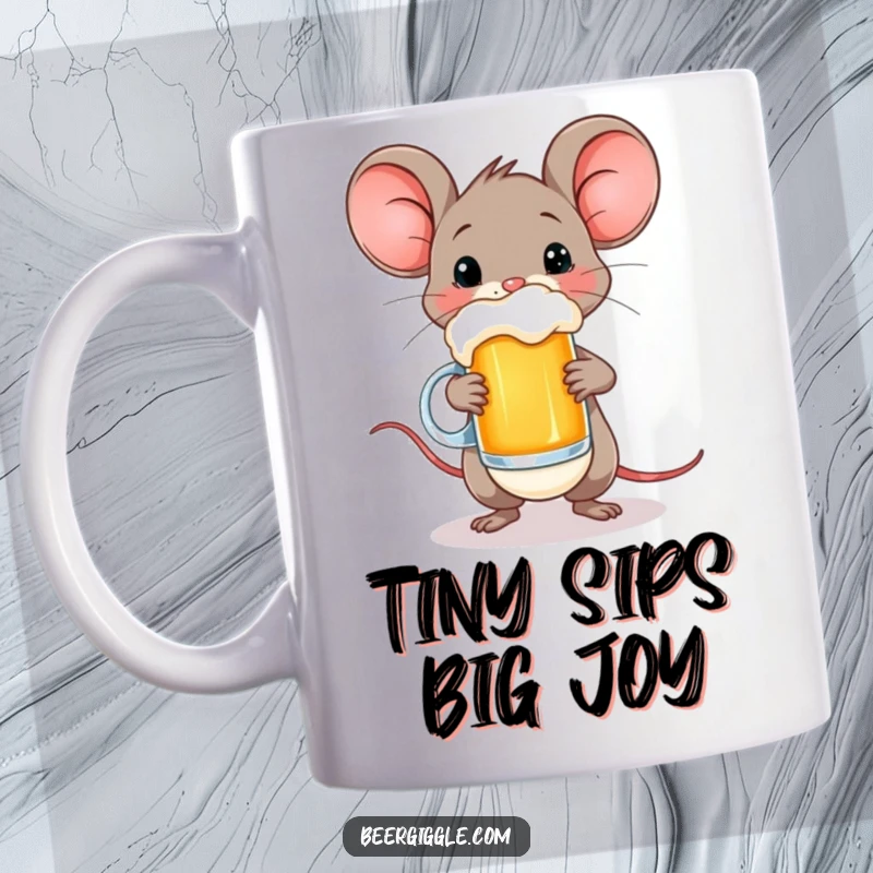Funny mug showcasing a small, happy mouse character skillfully balancing a tiny beer mug, full of delight.
