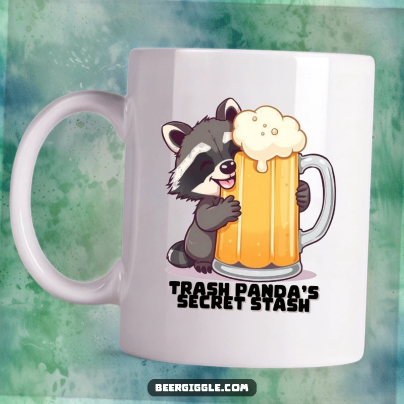 Funny grinning raccoon secretly sipping beer from a giant mug, embodying playful mischief and hilarious indulgence.