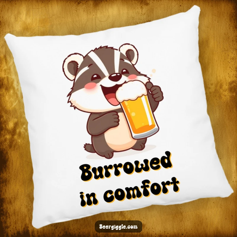 Funny pillow featuring a delighted badger character toasting with a beer mug, bringing comfort and festive cheer.