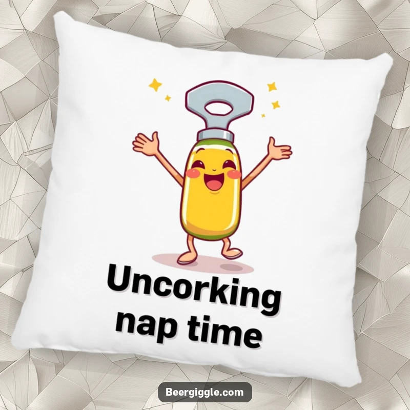 Funny bottle opener pillow, happy, performing a celebratory jig, decorative cushion, soft furnishing, humorous accent.