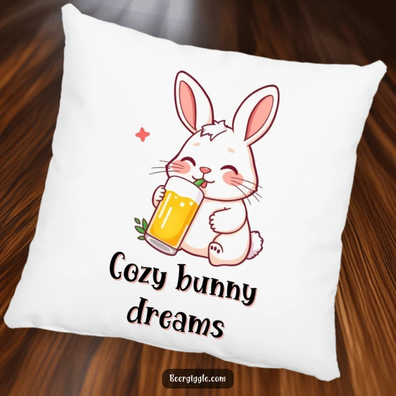 Funny Rabbit Pillow: A contented rabbit character sipping beer with a straw, soft and cozy.