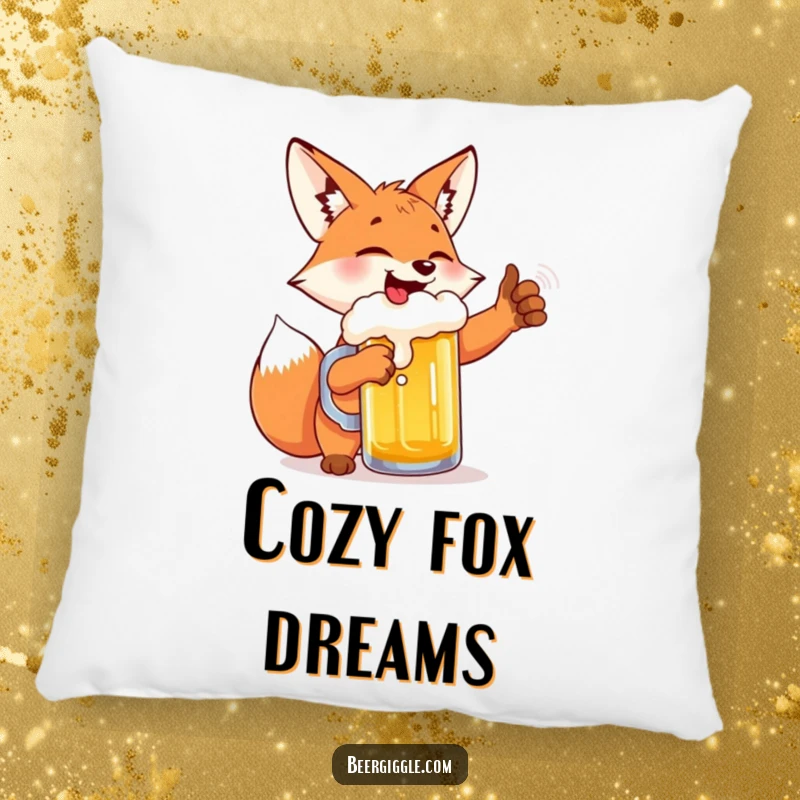 Funny fox beer high-five pillow, showing a joyful fox celebrating with a beer mug, offering humorous and cozy decor.