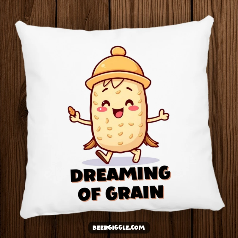 Funny kawaii barley character joyfully marching with a mini foam hat on a plush pillow, perfect for comfort. Humorous gift.