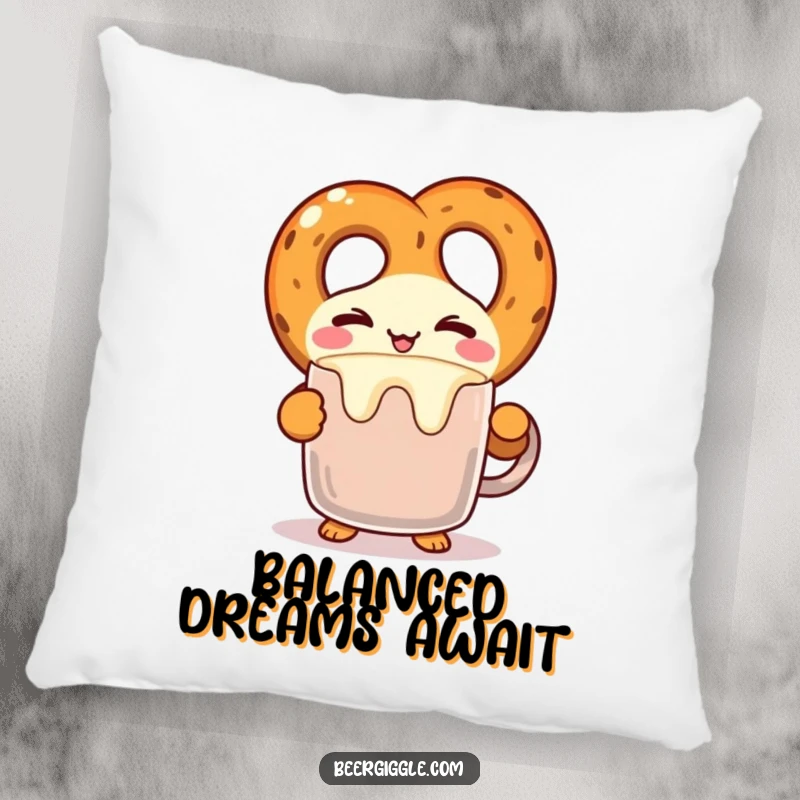 Funny kawaii pretzel character winking while balancing a frothy mug on a plush pillow, perfect for comfort. Humorous gift.