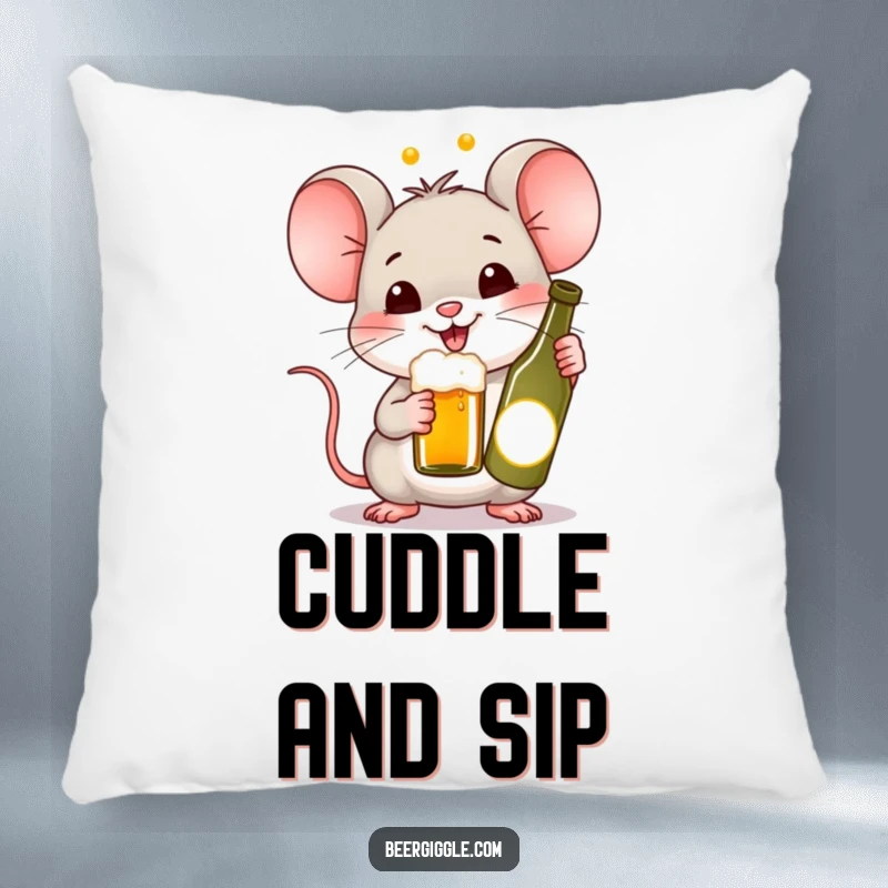 Funny Kawaii Mouse Beer Pillow: A cute mouse cheering with a tiny beer bottle. Soft and humorous home accessory for cheerful rooms.