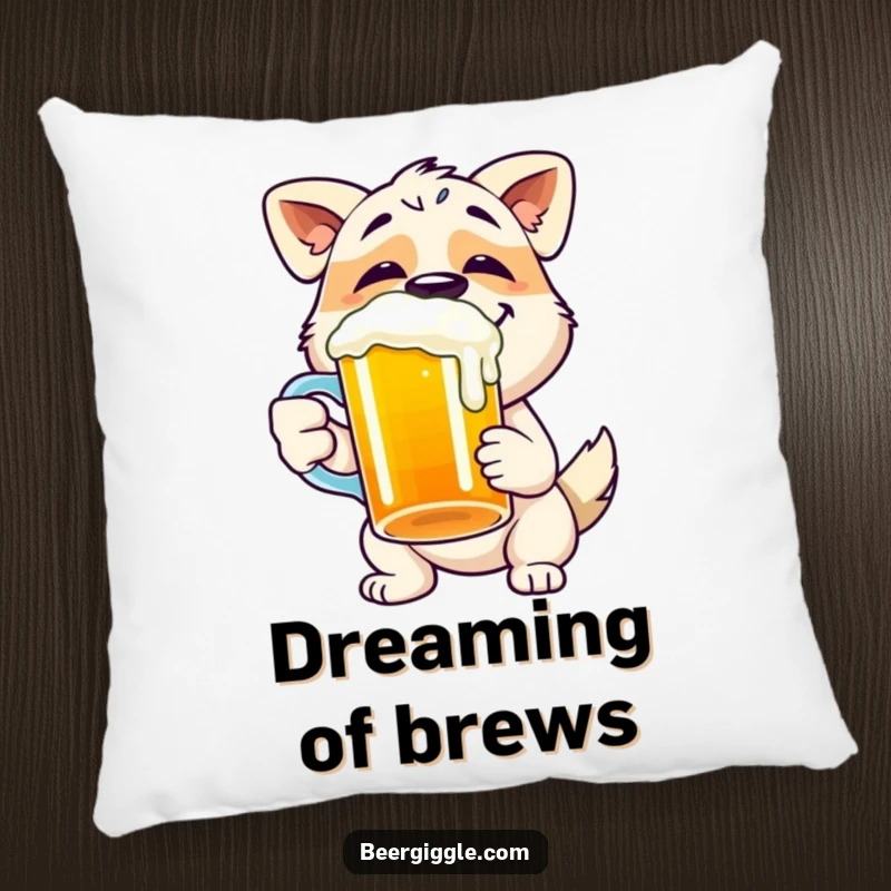 Funny dog pillow with a happy character gleefully chugging from a beer mug, ideal for comfort.