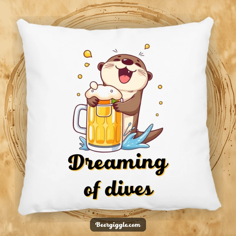 Funny otter beer dive pillow, showing a happy otter splashing into a mug, offering cozy decor and aquatic cheer.