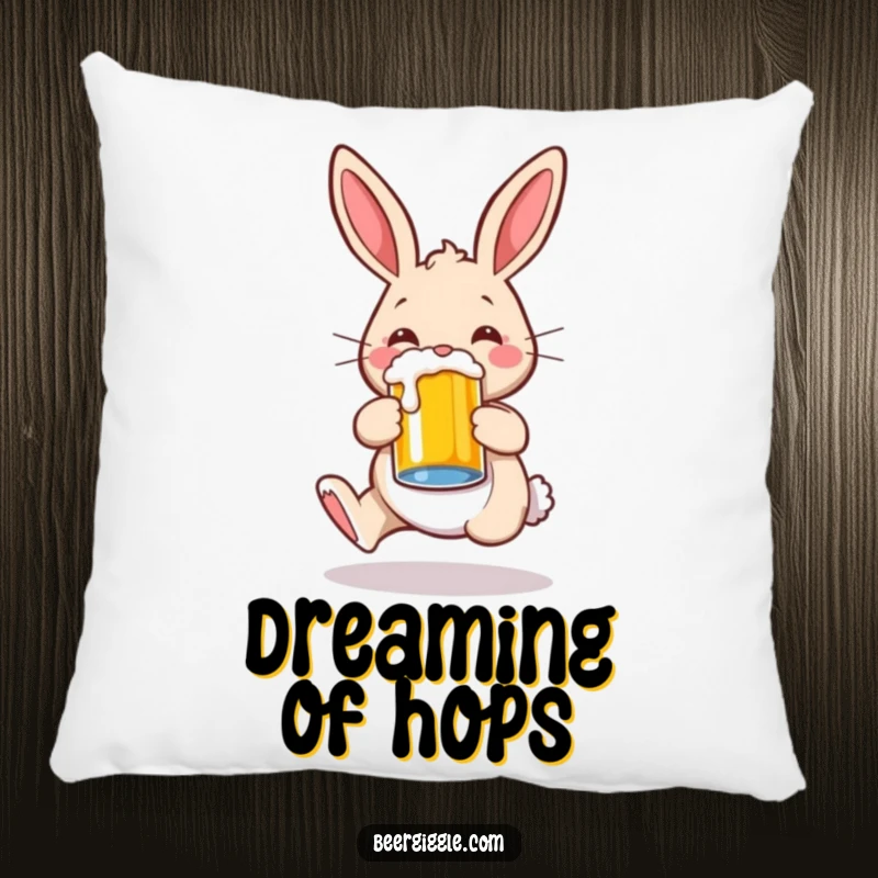 Funny rabbit character joyfully hopping with a beer mug, soft and plush pillow, perfect for adding humor to decor.
