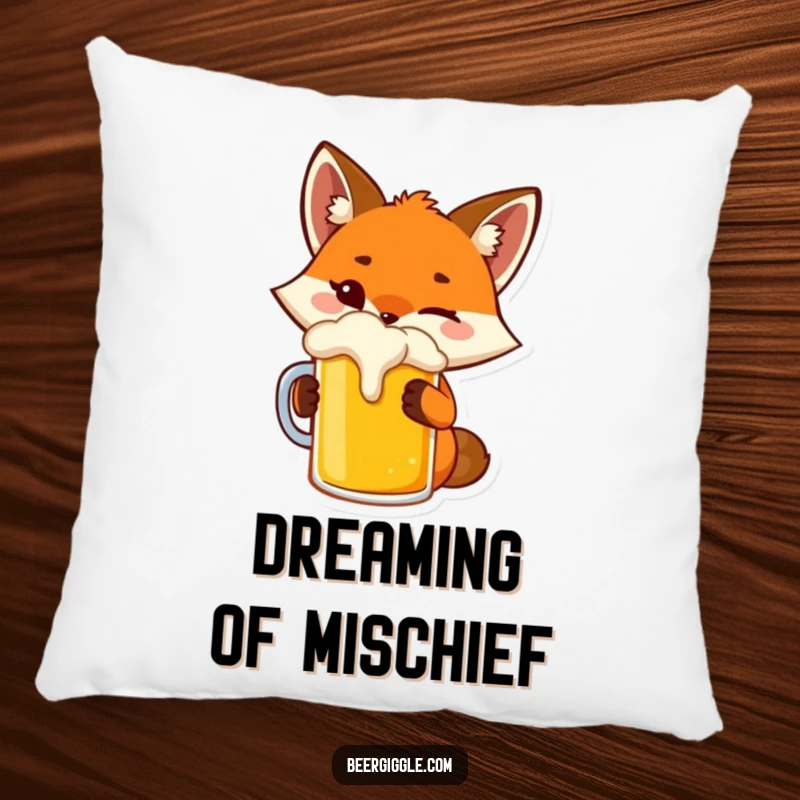Funny fox pillow with a playful character winking while toasting a beer mug, for comfort.