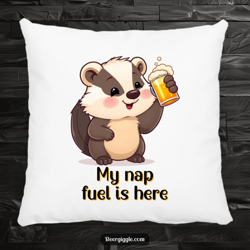 Funny Pillow showcasing a satisfied badger character with a frothy beer stein, perfect for adding humorous comfort to any room.