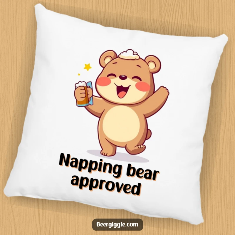 Funny bear beer dance pillow, showing a joyful bear doing a jig with a foamy beer, offering cozy and humorous decor.