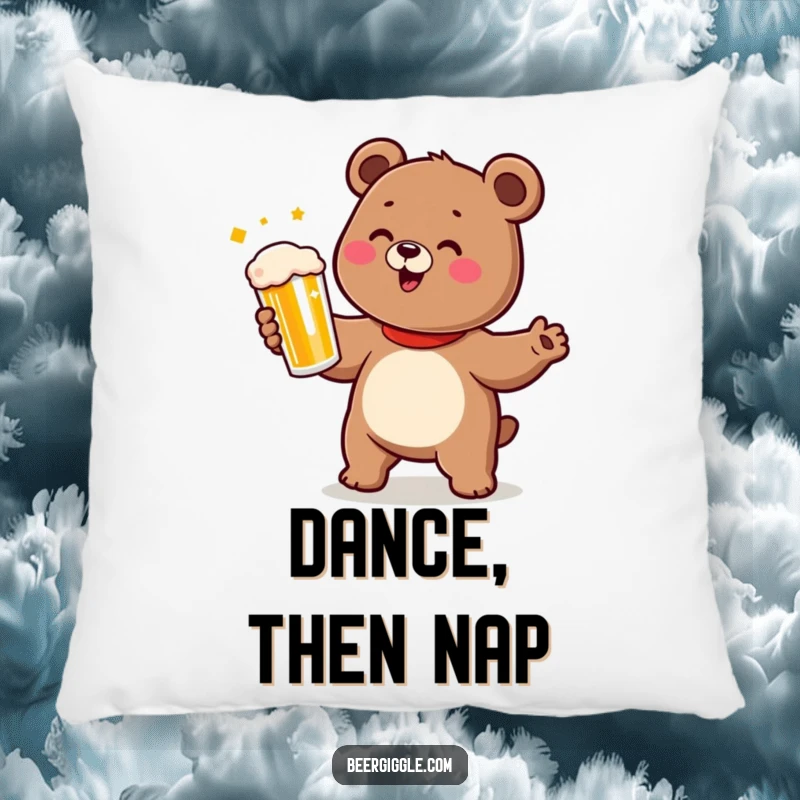 Funny bear pillow with a cute character doing a happy dance while holding a beer, for comfort.