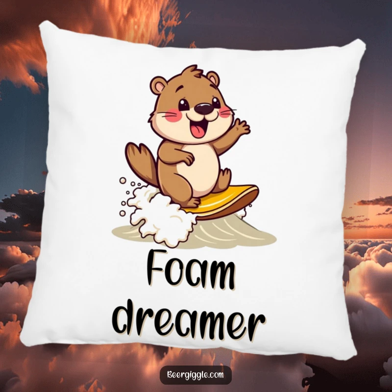 Funny beaver character surfing on a beer foam wave, soft and decorative pillow, perfect for adding a touch of fun.