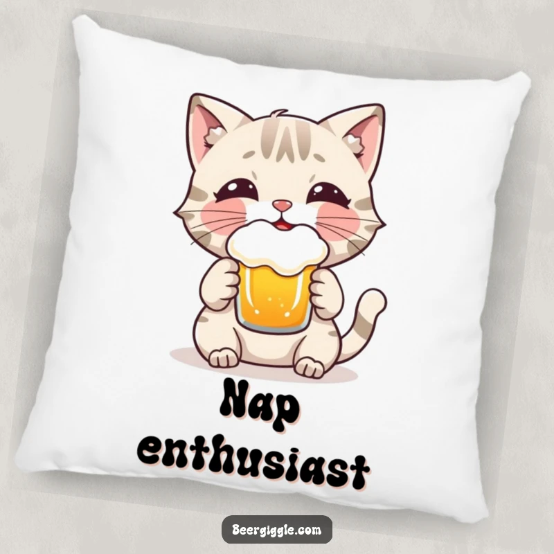 Funny Cat Pillow: A plush pillow featuring a playful cat character enjoying a frothy beer, perfect for comfort and laughs.