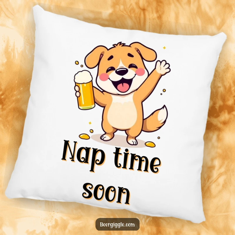 Funny dancing dog pillow with a character spilling beer while celebrating, offering comfort and a comical visual.