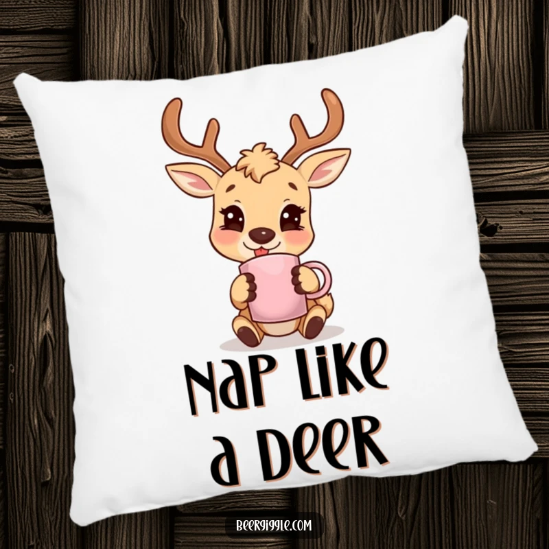 Funny deer character smiling with an antler mug, soft and decorative pillow, perfect for adding humor to furniture.