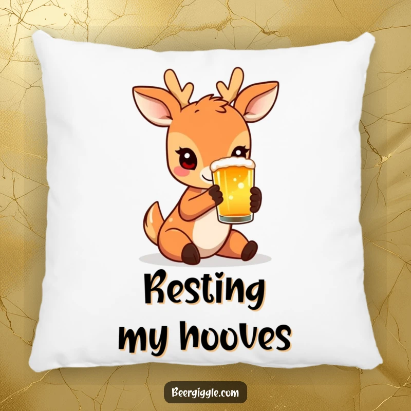 Funny Pillow featuring a charming deer holding a beer glass, providing gentle comfort and subtle humor.