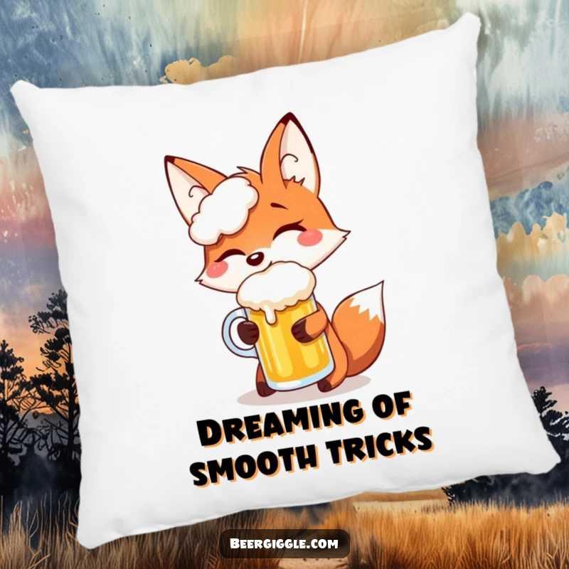 Funny fox giggling, balancing a beer mug on its snout, offering cozy comfort and hilarious charm on this decorative pillow.