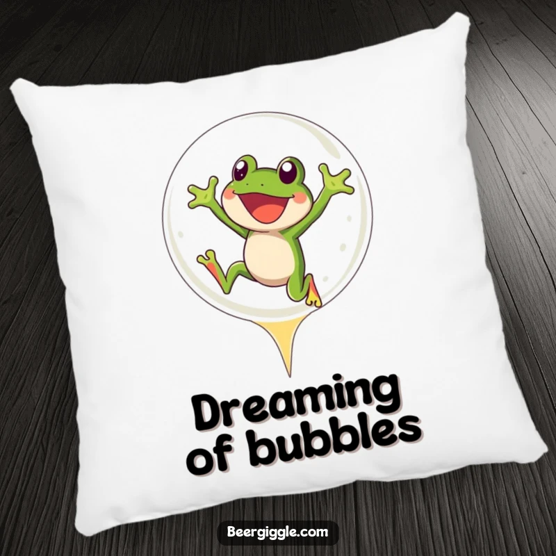 Funny Frog Pillow: A joyful frog character leaping into a beer bubble, perfect for cozy, funny decor.