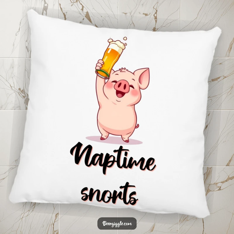 Funny pillow featuring a gleeful pig character enjoying a beer bottle, adding a touch of humorous comfort to sofas and beds.