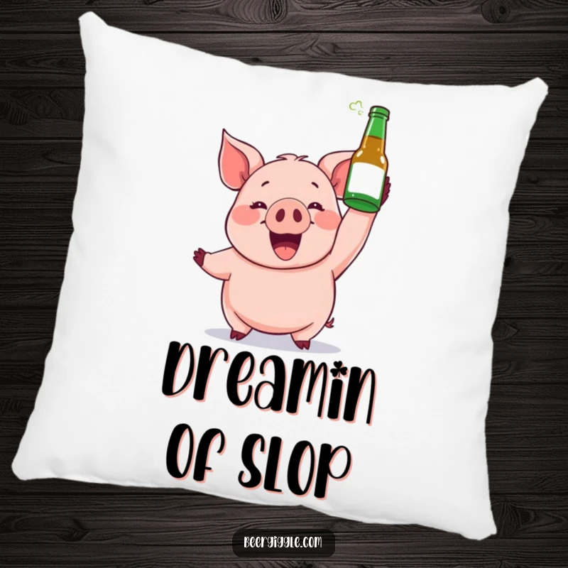 Funny pillow featuring a gleeful pig raising a beer bottle, bringing comfort and humorous celebration to any space.
