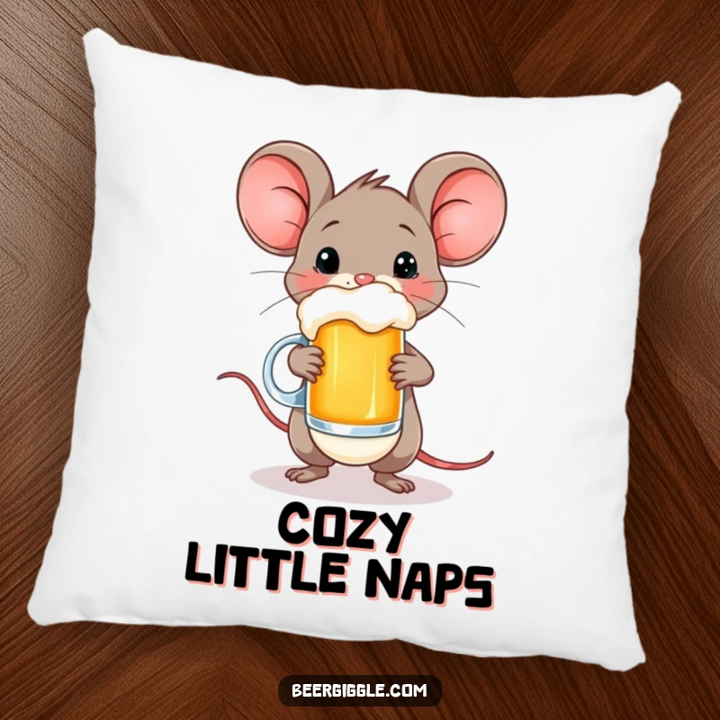 Funny pillow featuring a happy mouse character balancing a small beer mug, bringing comfort and whimsical delight.