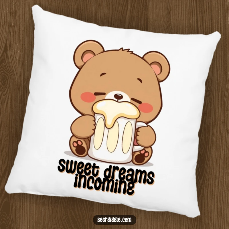 Funny kawaii bear stein pillow showing a happy bear with closed eyes sipping, offering soft, humorous comfort.