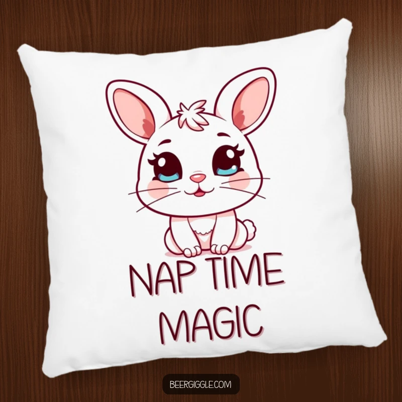 Funny Kawaii Bunny Pillow: Fluffy pillow shows a cute bunny winking with a full mug, bringing cozy comfort and humorous charm.