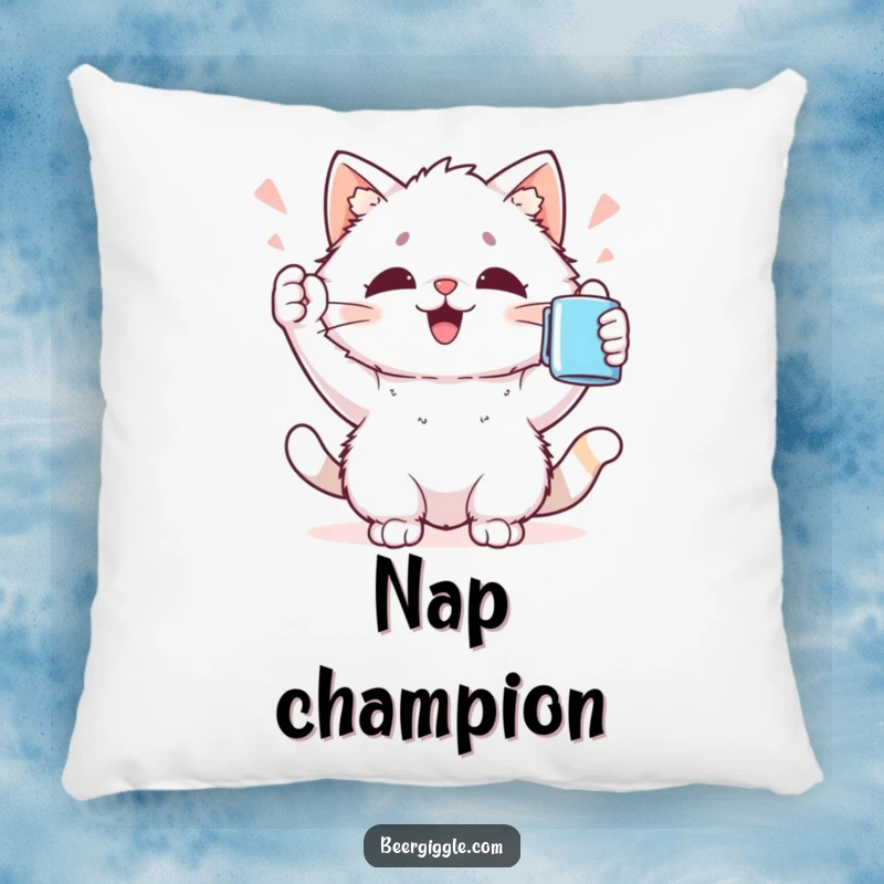 Funny Kawaii Cat Pillow: Fluffy pillow shows a cute cat cheering with a mug, bringing cozy comfort and humorous celebration.
