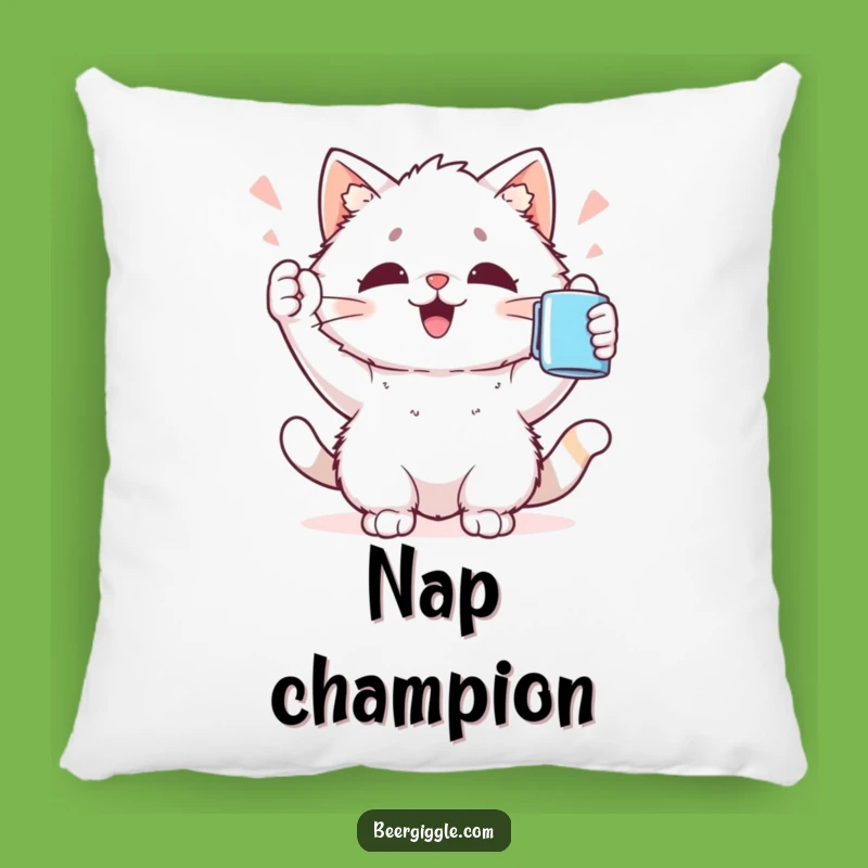 Funny Kawaii Cat Pillow: Soft Pillow with Cat Cheering Mug, Cozy Gift