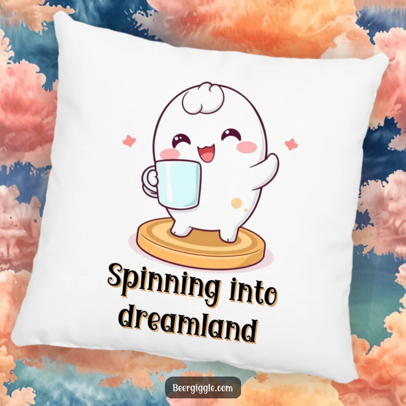 Funny kawaii coaster character spinning happily on a soft, plush pillow, offering comfort and a cheerful, cute accent to any seating area.