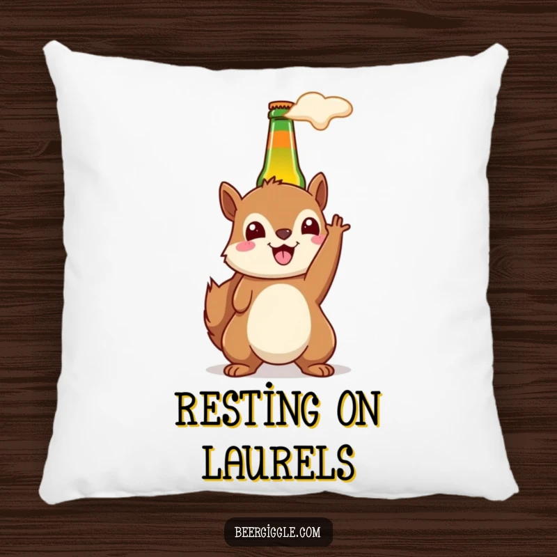 Funny kawaii squirrel beer pillow with a happy squirrel holding a beer bottle aloft, soft and cheerful.