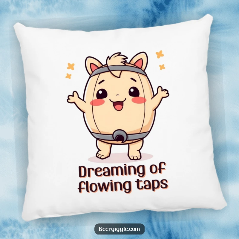 Funny decorative pillow with a cute, dancing keg character, offering comfort and a humorous touch to any seating area.