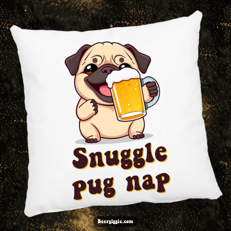 Funny pug beer toast pillow, showing a happy pug toasting a pint, offering cozy decor and canine cheer.