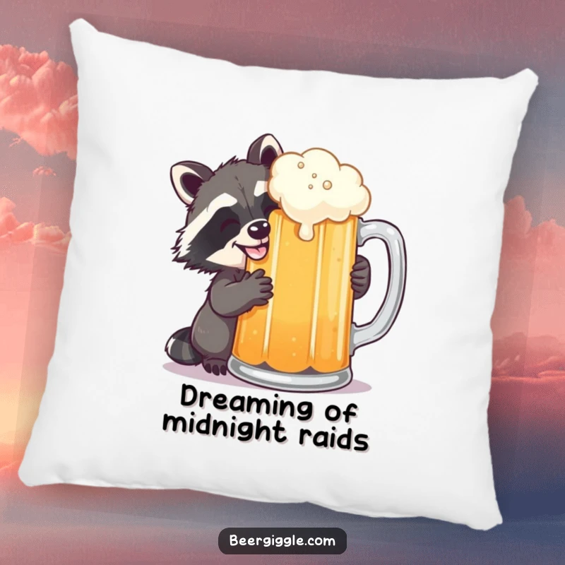 Funny raccoon grinning, sneaking a sip of beer, offering cozy comfort and hilarious charm on this decorative pillow.