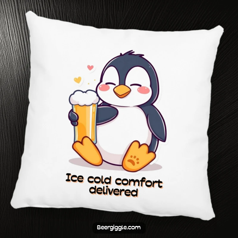 Funny Kawaii Penguin Beer Pillow: A content penguin relaxing with a cold beer. Soft and humorous home accessory for ultimate comfort.