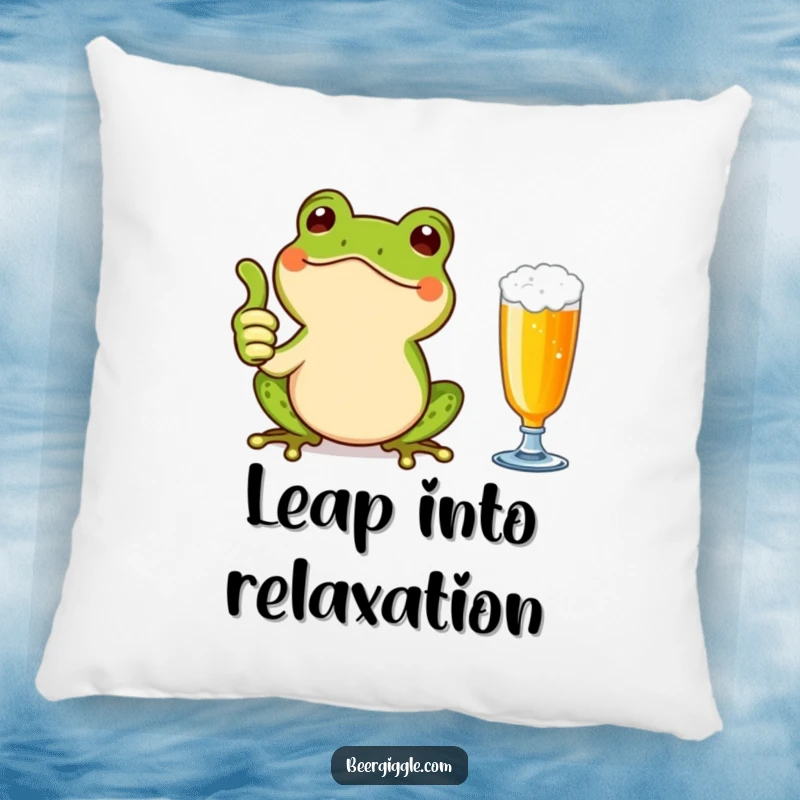Funny Kawaii Frog Thumbs Up Pillow: A cute frog giving a thumbs up next to a beer glass. Soft and humorous home accessory for cheerful rooms.