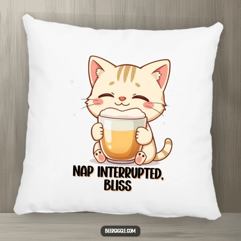 Funny cat pillow with a smiling character enjoying a foamy brew with eyes closed, for comfort.