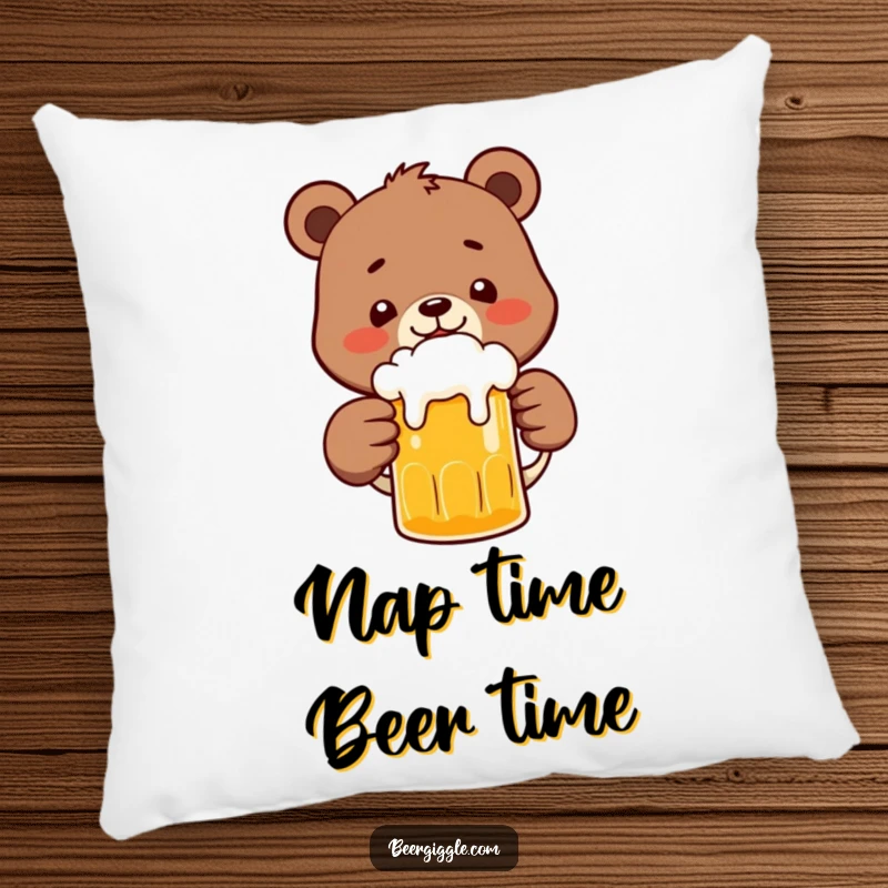 Funny Bear Pillow: A plush pillow featuring a happy bear character clinking a frothy beer mug, perfect for comfort and laughs.