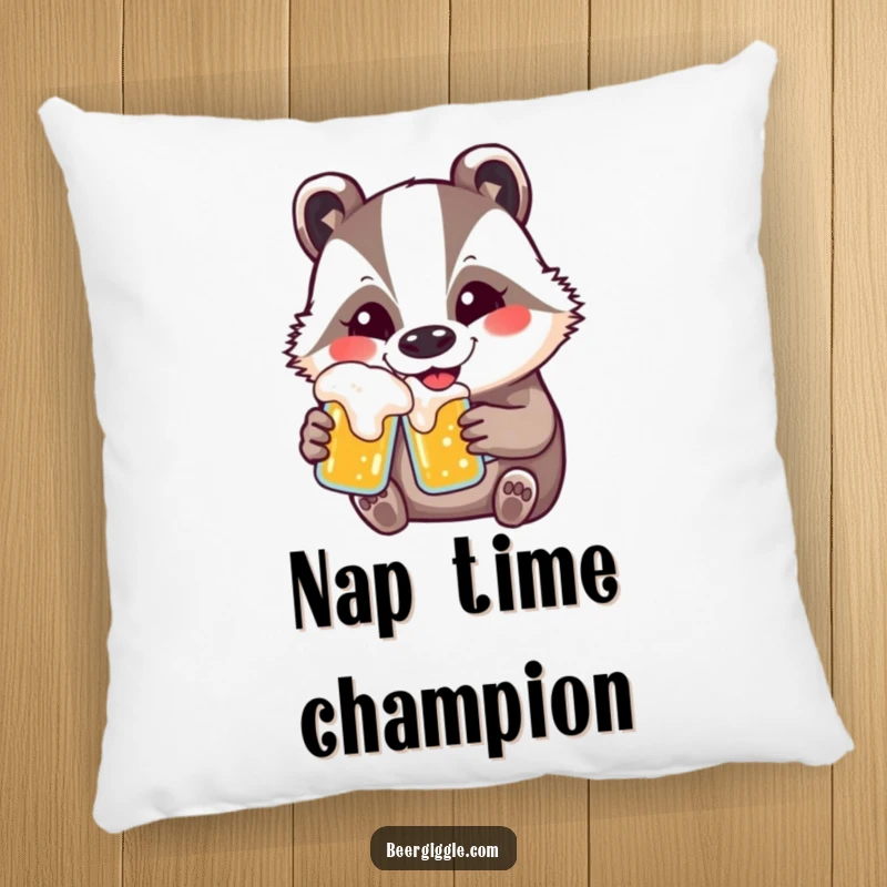 Funny kawaii badger beer pillow showing a contented smiling badger, providing soft comfort and humorous appeal.