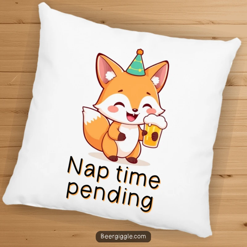 Funny Fox Party Beer Pillow: A soft pillow featuring a smiling fox in a party hat with a beer, perfect for funny decor.