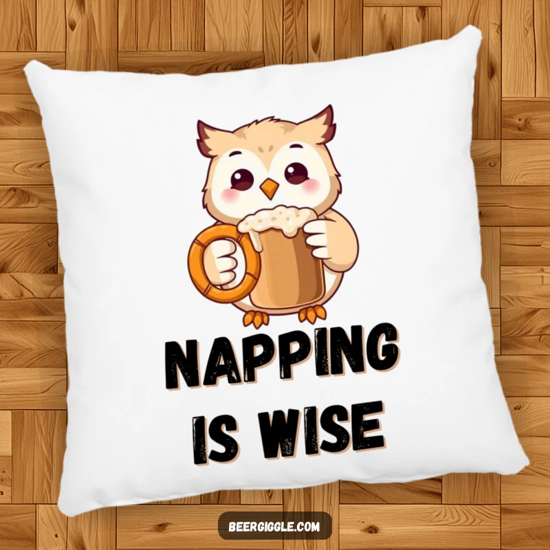 Funny Kawaii Owl Pillow: A fluffy pillow showing a cute owl clinking a pretzel mug, perfect for cozy, humorous decor.