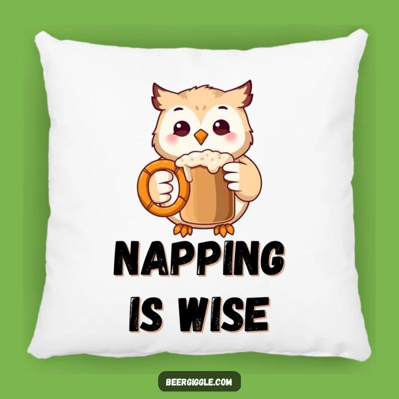 Funny Kawaii Owl Pillow: Soft Pillow with Owl Clinking Pretzel Mug, Cozy Gift