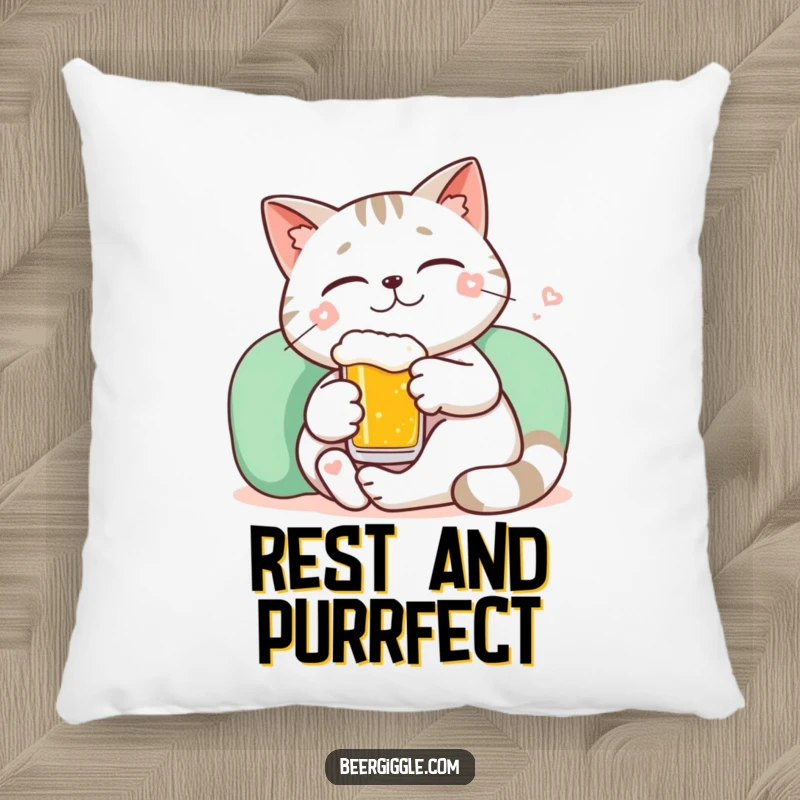 Funny kawaii cat character lounging with a tiny beer and a smile on a soft pillow.
