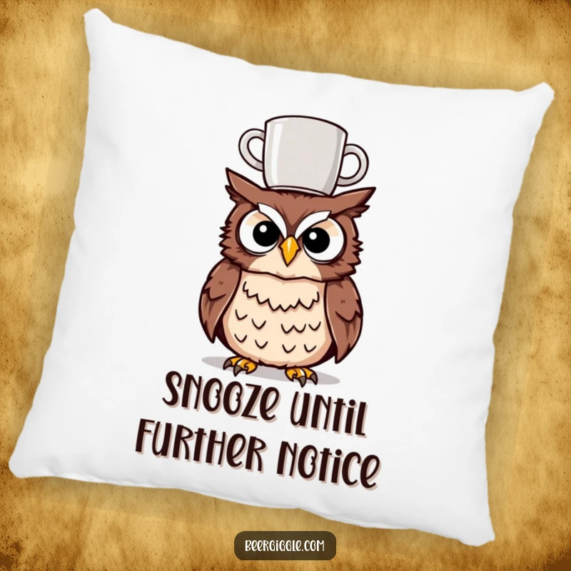 Funny tipsy owl pillow featuring a character humorously balancing a mug on its head, providing comfort and a visual gag.