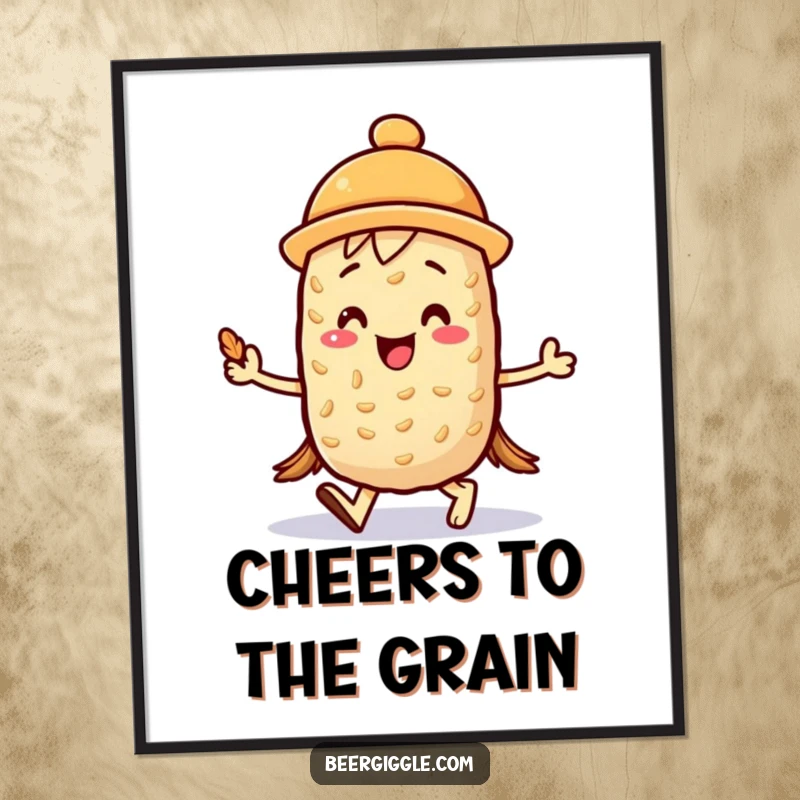 Funny kawaii barley character joyfully marching with a mini foam hat as a digital art print, ready to download. Cheerful decor.