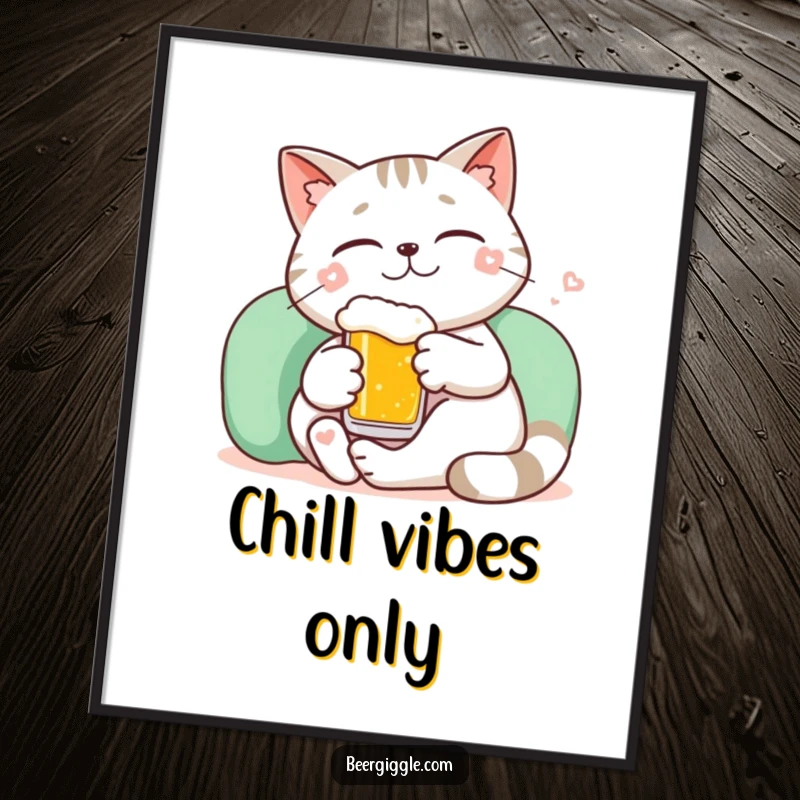 Funny kawaii cat lounging with a tiny beer and a smile, available as a high-resolution digital art print.
