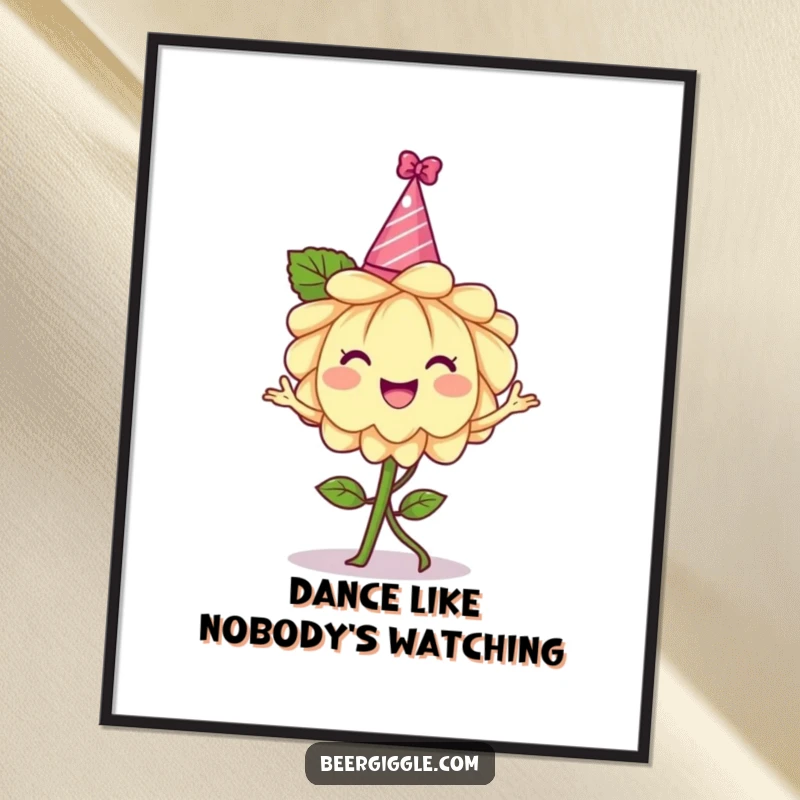 Funny hops flower digital art, cheerful, wearing a tiny party hat, dancing, printable wall art, humorous graphic download.