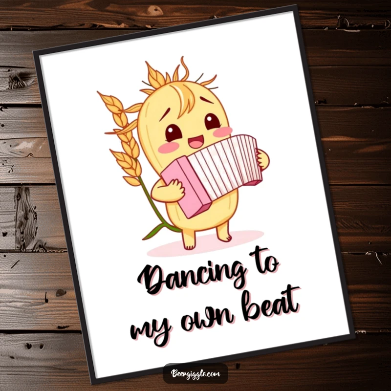 Funny barley stalk digital art, giggling, playing a miniature accordion, printable wall art, humorous graphic download.