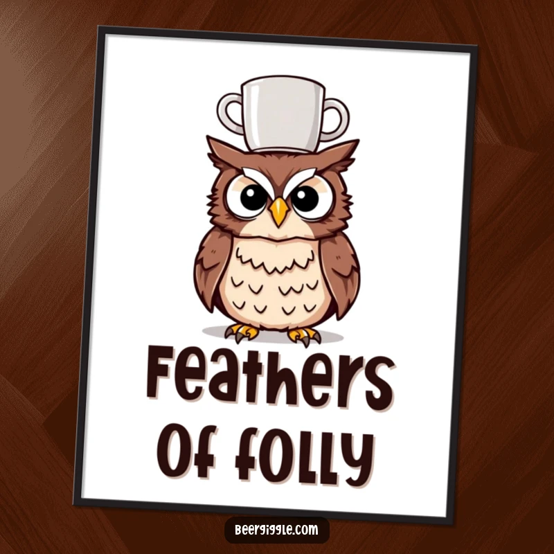 Funny tipsy owl digital art print of a character humorously balancing a mug on its head, perfect for instant, humorous home decor.